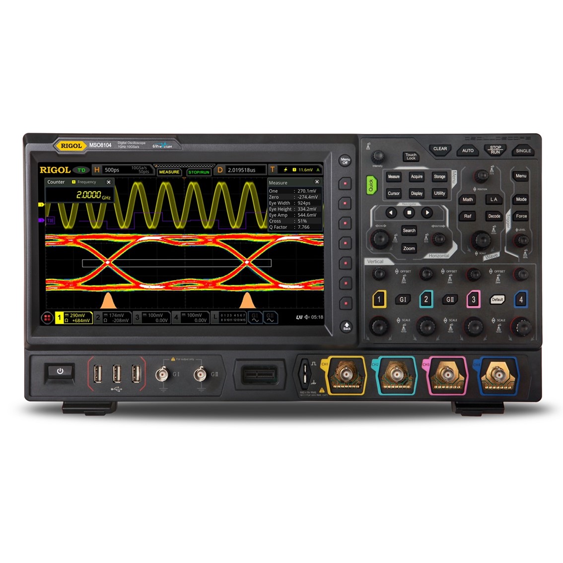 RIGOL MSO8204  4채널,2GHz, 10GSa/s, 500Mpts,1024x600 디지털 오실로스코프