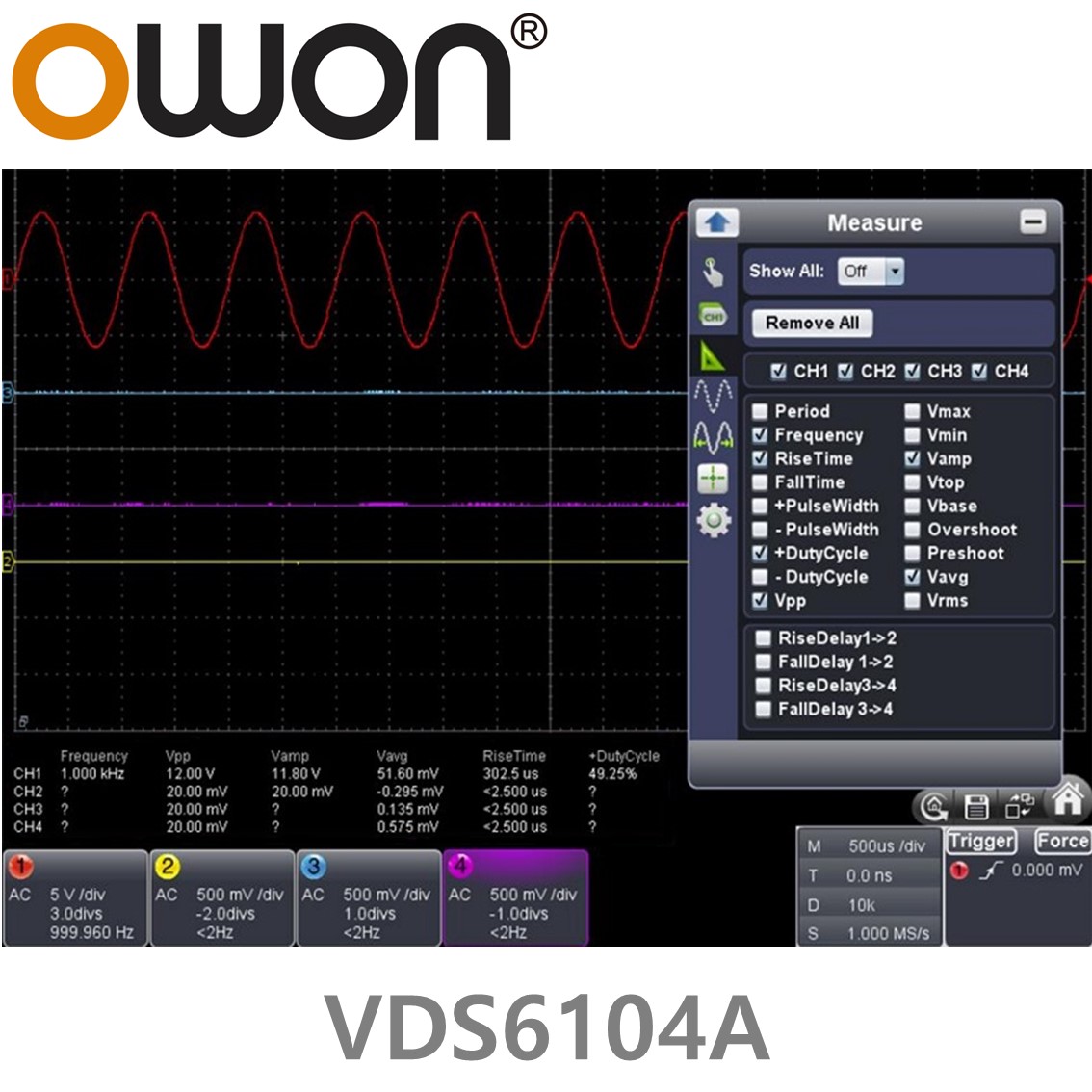 [ OWON ] VDS6104A PC 디지탈 오실로스코프 100MHz, 4CH, 1GS/s