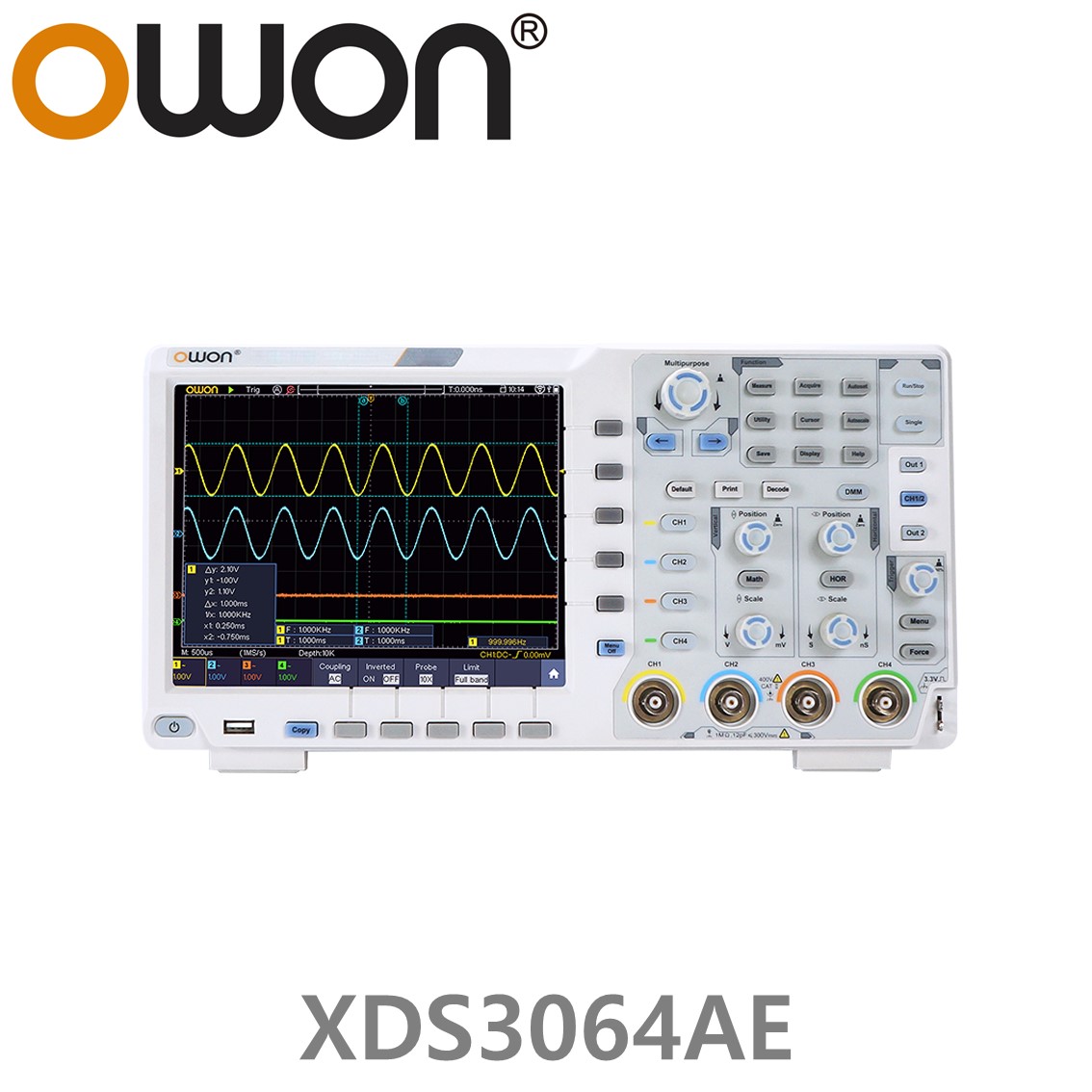 [ OWON ] XDS3064AE 올인원 디지탈 오실로스코프 ( 신호발생기, 멀티미터, 주파수카운터, 디코더 60MHz, 4CH, 1GS/s, 14Bit )