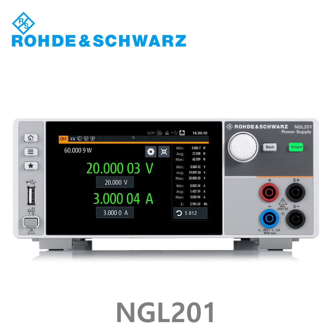 [ 로데슈바르즈 ] NGL201  1채널/60W/0V~20V, ≤6V :0A~6A,  >6V:0A~3 A DC파워서플라이 (3638.3376.02)