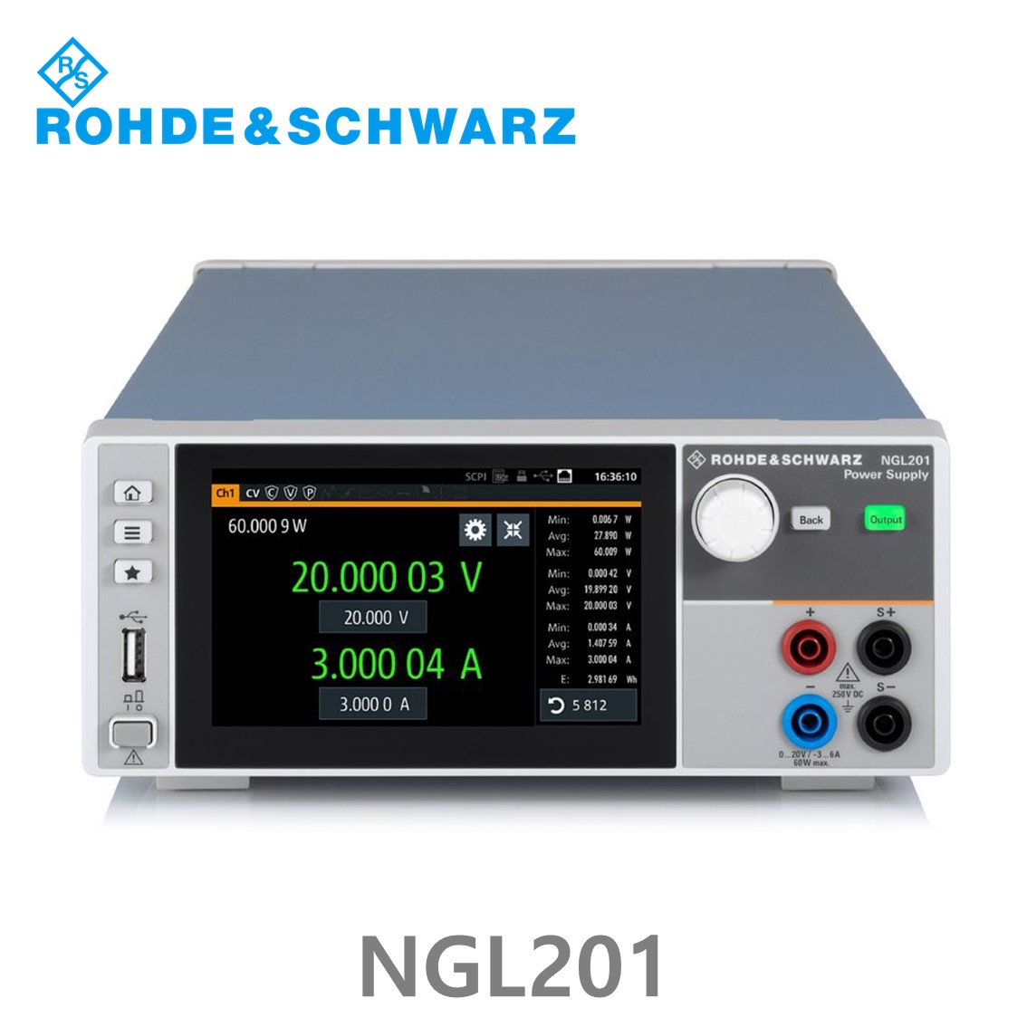 [ 로데슈바르즈 ] NGL201  1채널/60W/0V~20V, ≤6V :0A~6A,  >6V:0A~3 A DC파워서플라이 (3638.3376.02)