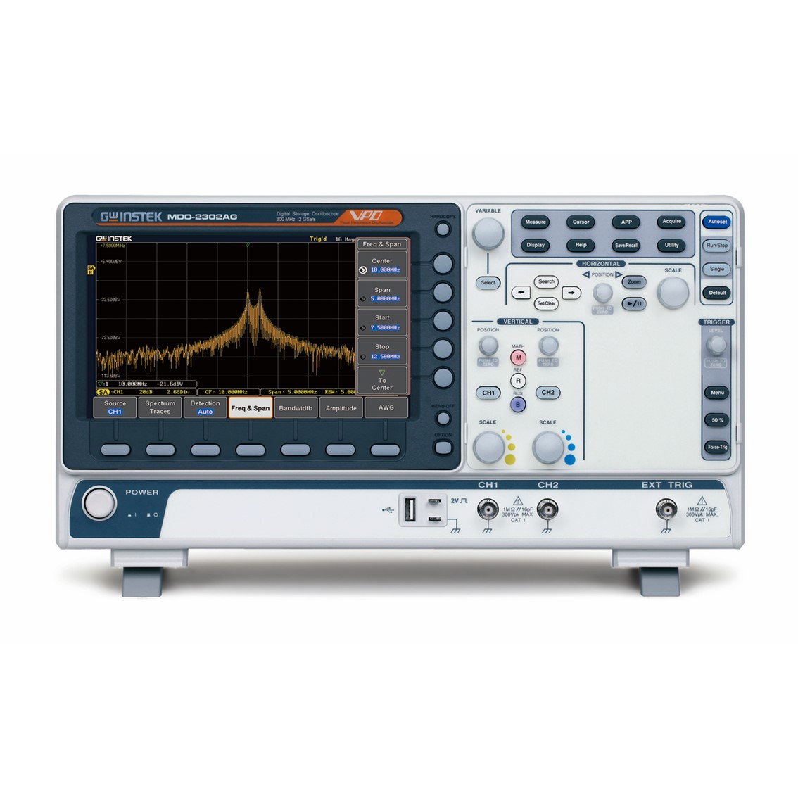 GWINSTEK MDO-2102AG   디지탈오실로스코프 2채널,100MHz,2GSa,20Mpts,8인치 스펙트럼아날라이저 25MHz AWG