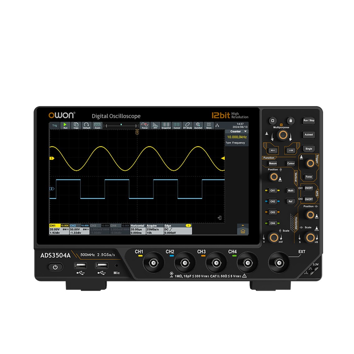 OWON ADS3354A  벤치 디지털 오실로스코프 350MHz, 4채널, 2.5GS/s, 100M 메모리
